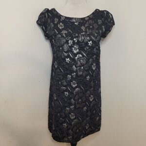Necessary Objects Little Black Dress Silver Floral cap Sleeve Size M NWT
